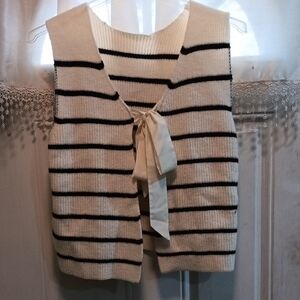 SHEIN Cream and Black Striped Knit Vest with Front Bow